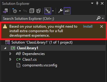 솔루션 탐색기의 InfoBar에서 누락된 구성 요소 및 확장을 설치하라는 메시지가 표시됩니다.