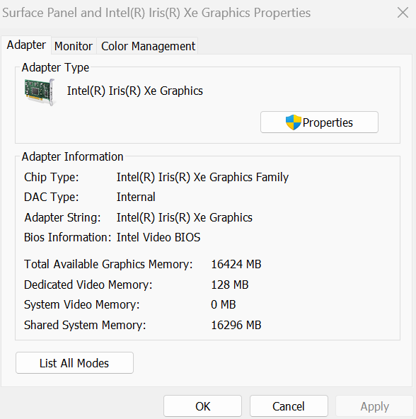 Surface 노트북 컴퓨터에서 사용 가능한 메모리를 보고하는 어댑터 탭이 선택된 표시 창의 스크린샷