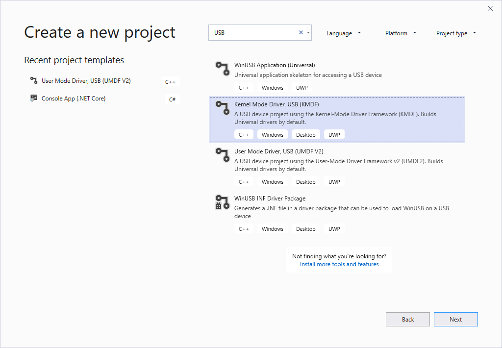 visual studio 새 프로젝트 옵션입니다.