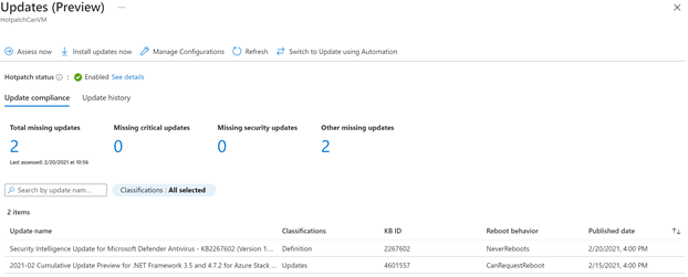 Azure Portal의 핫패치 관리를 보여 주는 스크린샷입니다.