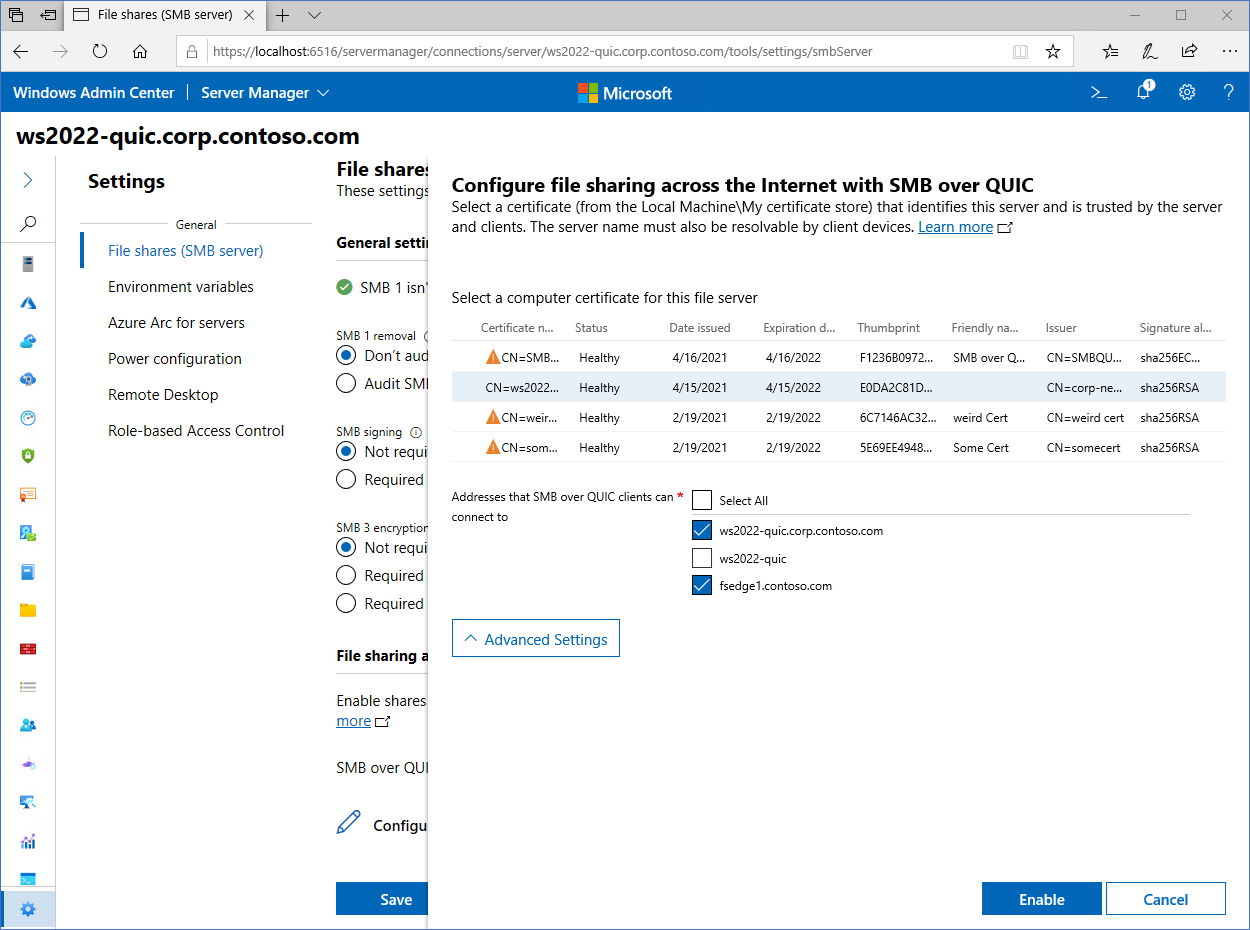 Windows Admin Center에서 QUIC 설정을 통해 구성된 SMB에 사용할 수 있는 모든 인증서를 보여 주는 이미지