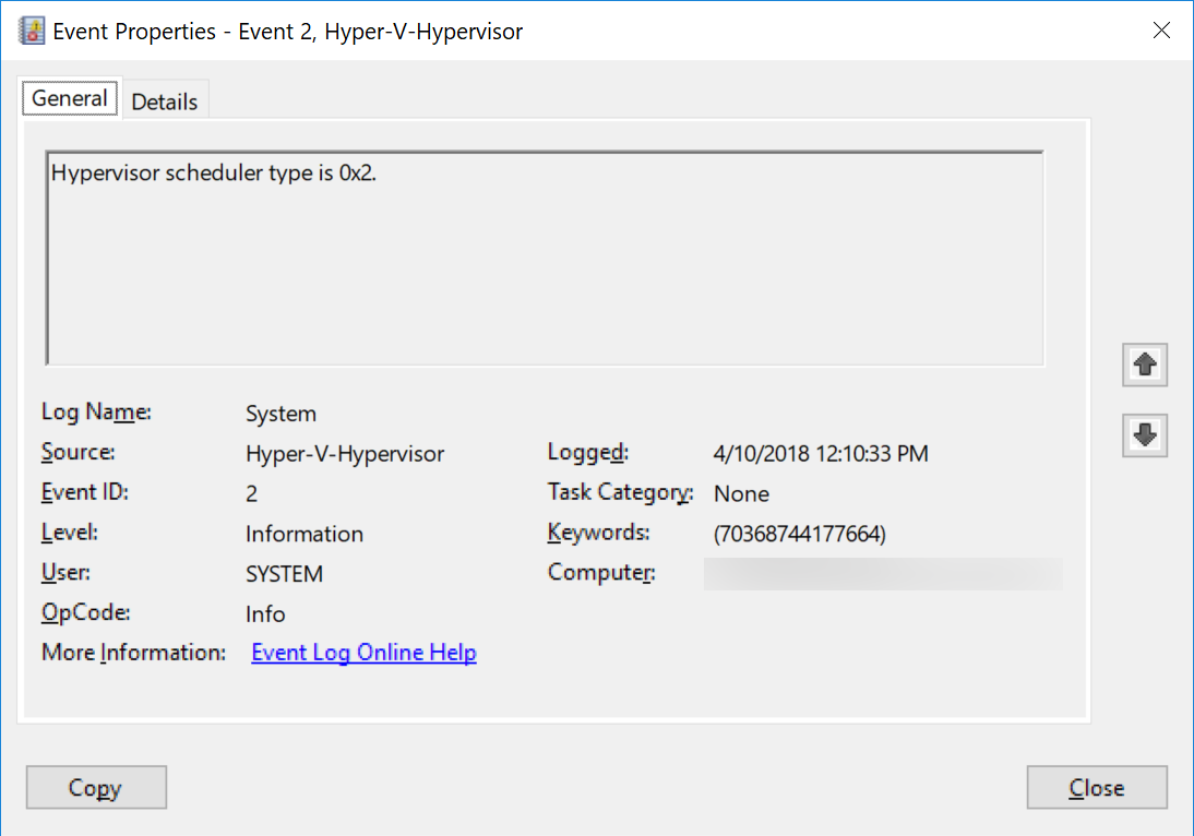 하이퍼바이저 시작 이벤트 ID 2 속성 창의 스크린샷. 사용자가 일반 탭을 선택했으며 하이퍼바이저 스케줄러 유형이 0x2로 표시되어 있습니다.