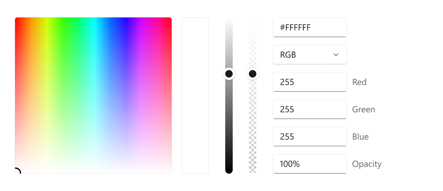 가로 정렬된 ColorPicker의 예.