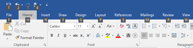 Microsoft Word의 액세스 키에 대한 키 설명 배지