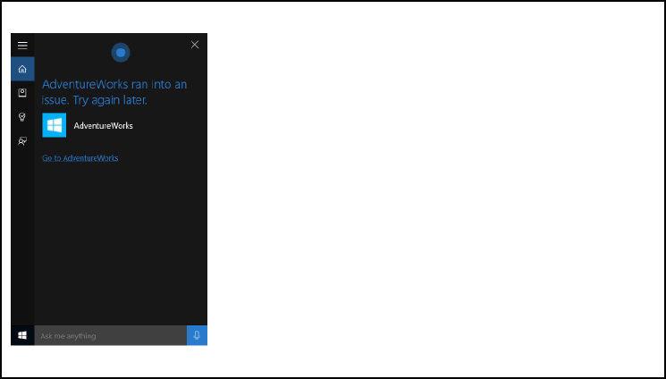 AdventureWorks를 사용하여 엔드투엔드 Cortana 백그라운드 앱 흐름에 대한 Cortana 캔버스의 스크린샷 여행 오류 취소