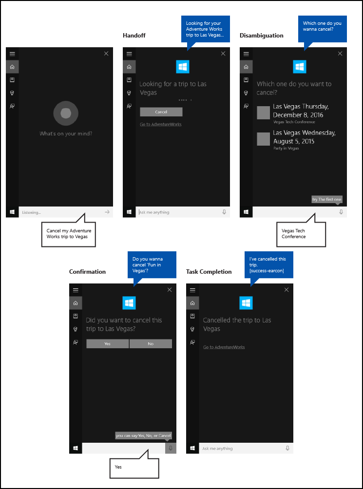 종단 간 Cortana 백그라운드 앱 흐름에 대한 Cortana 캔버스의 스크린샷