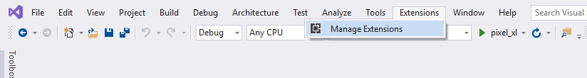 확장 관리를 읽는 Visual Studio 메뉴 모음 항목의 스크린샷