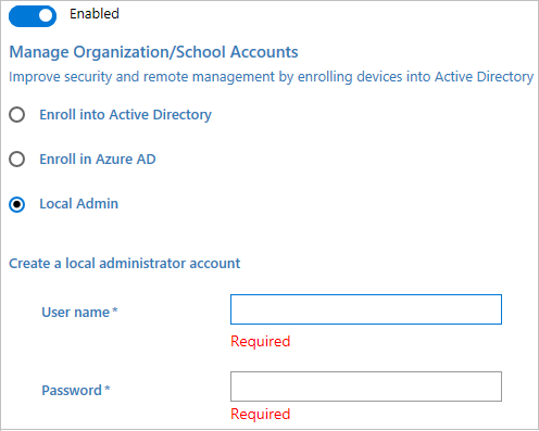 Windows 구성 디자이너에서 Active Directory, Microsoft Entra ID를 조인하거나 로컬 관리자 계정을 만듭니다.