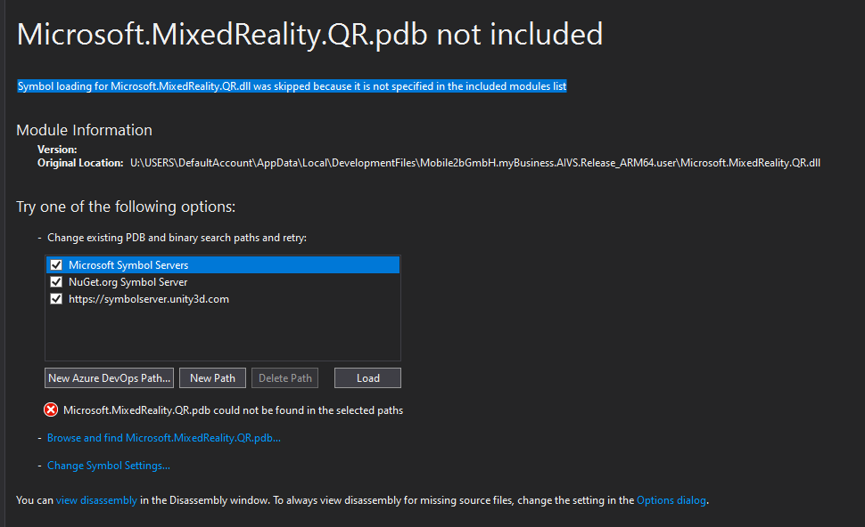 Microsoft.MixedReality.QR.pdb에서 오류 메시지를 찾을 수 없음