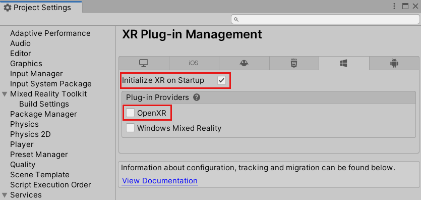 시작 시 XR 초기화가 선택되고 OpenXR 플러그 인이 강조 표시된 유니버설 Windows 플랫폼 내의 프로젝트 설정 창 스크린샷