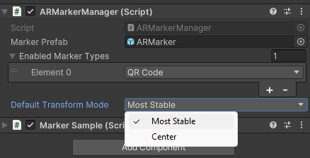 ARMarkerManager 구성 요소의 기본 변환 모드 검사기 필드