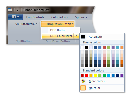 샘플 리본에서 드롭다운 단추 컨트롤의 스크린샷.