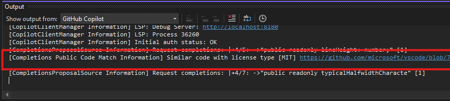 GitHub Copilot Output Window with Public Code Match Information