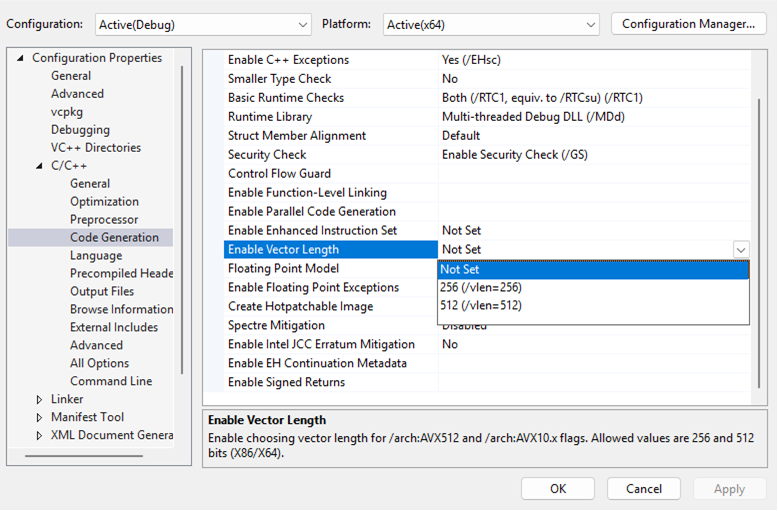 Setting the Enable Vector Length option under C/C++ → Code Generation to either 256 or 512