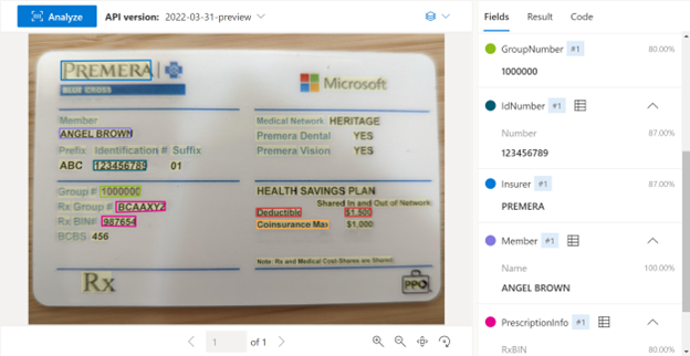 Zrzut ekranu przedstawiający przykładową kartę ubezpieczenia zdrowotnego przetworzoną w programie Document Intelligence Studio.
