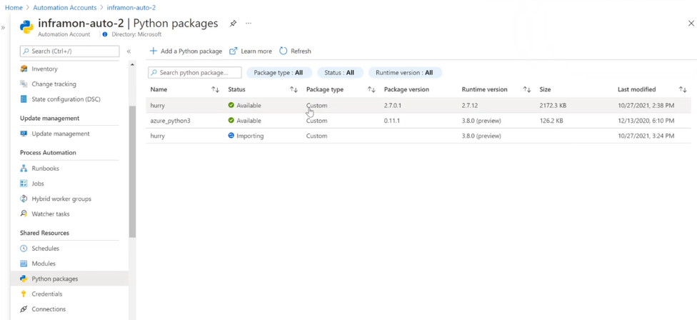 Screenshot shows the Python 3.8 packages page after a package has been imported.