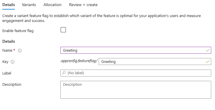 Zrzut ekranu platformy Azure przedstawiający szczegóły flagi funkcji wariantu.