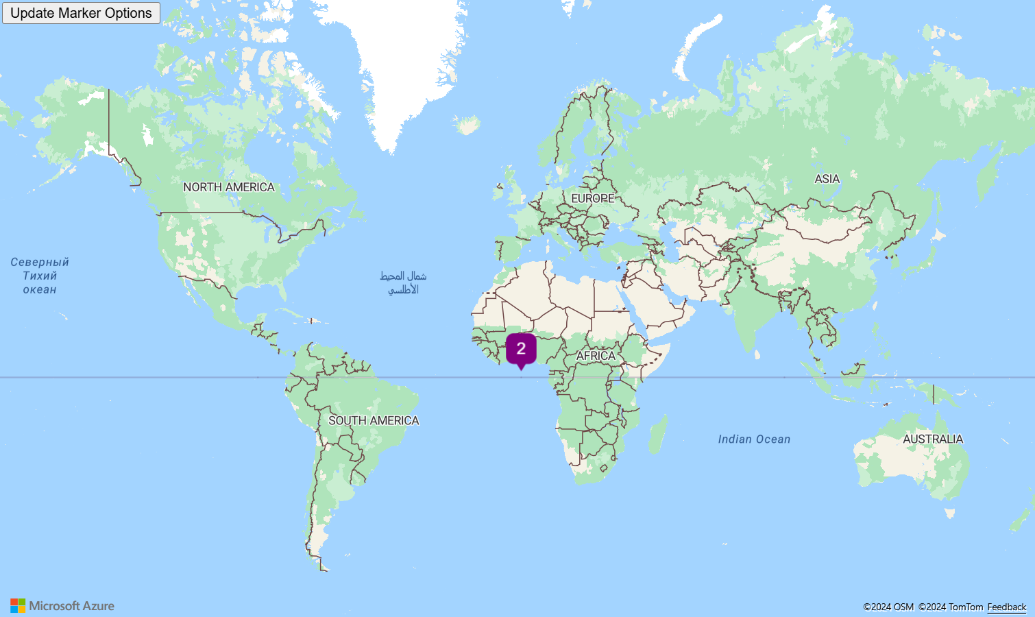 Zrzut ekranu przedstawiający mapę świata z niestandardowym szablonem SVG używanym z klasą HtmlMarker. Zawiera on opcje znacznika aktualizacji z etykietą przycisk, który po wybraniu zmienia opcje koloru i tekstu z szablonu SVG używanego w kodzie HtmlMarker. 