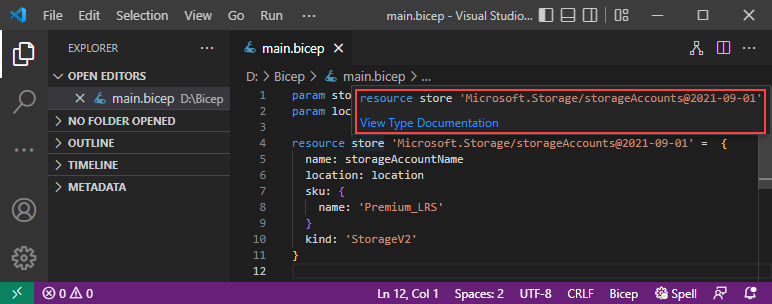 Zrzut ekranu przedstawiający dokument typu widoku Bicep programu Visual Studio Code.