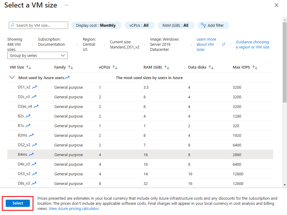 Zrzut ekranu przedstawiający Azure Portal listę dostępnych rozmiarów maszyn wirtualnych wraz z opcjami filtrowania w celu zawężenia zaznaczenia.