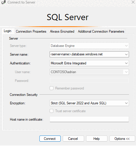 Zrzut ekranu z programu SSMS przedstawiający zintegrowane uwierzytelnianie firmy Microsoft.