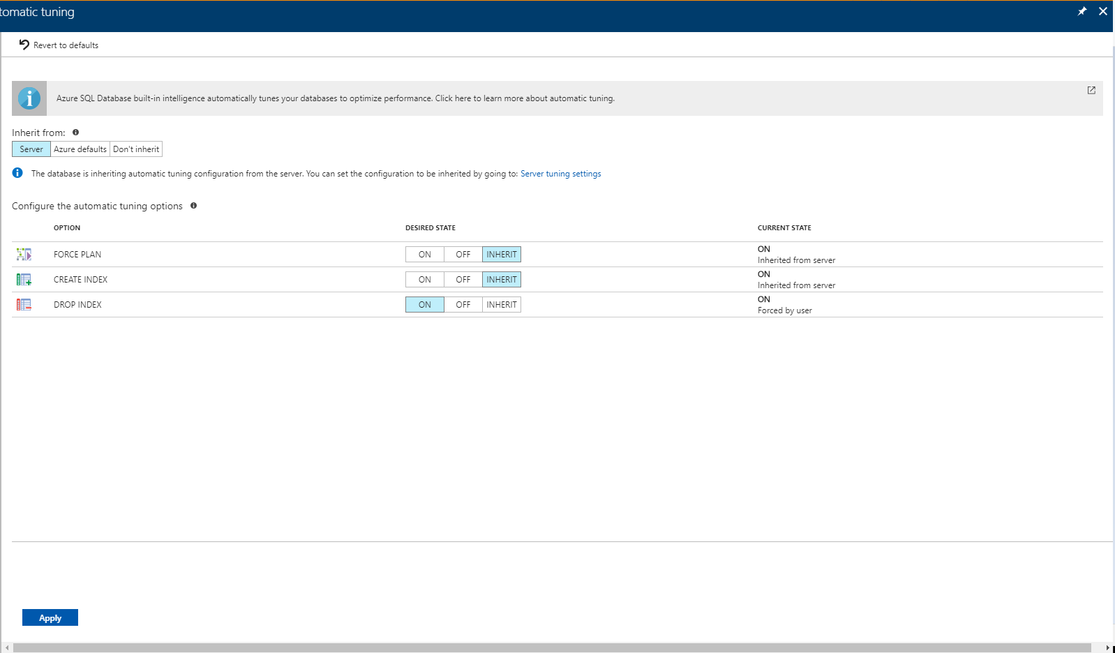 Zrzut ekranu przedstawiający automatyczne dostrajanie w witrynie Azure Portal, gdzie można zastosować opcje dla pojedynczej bazy danych.