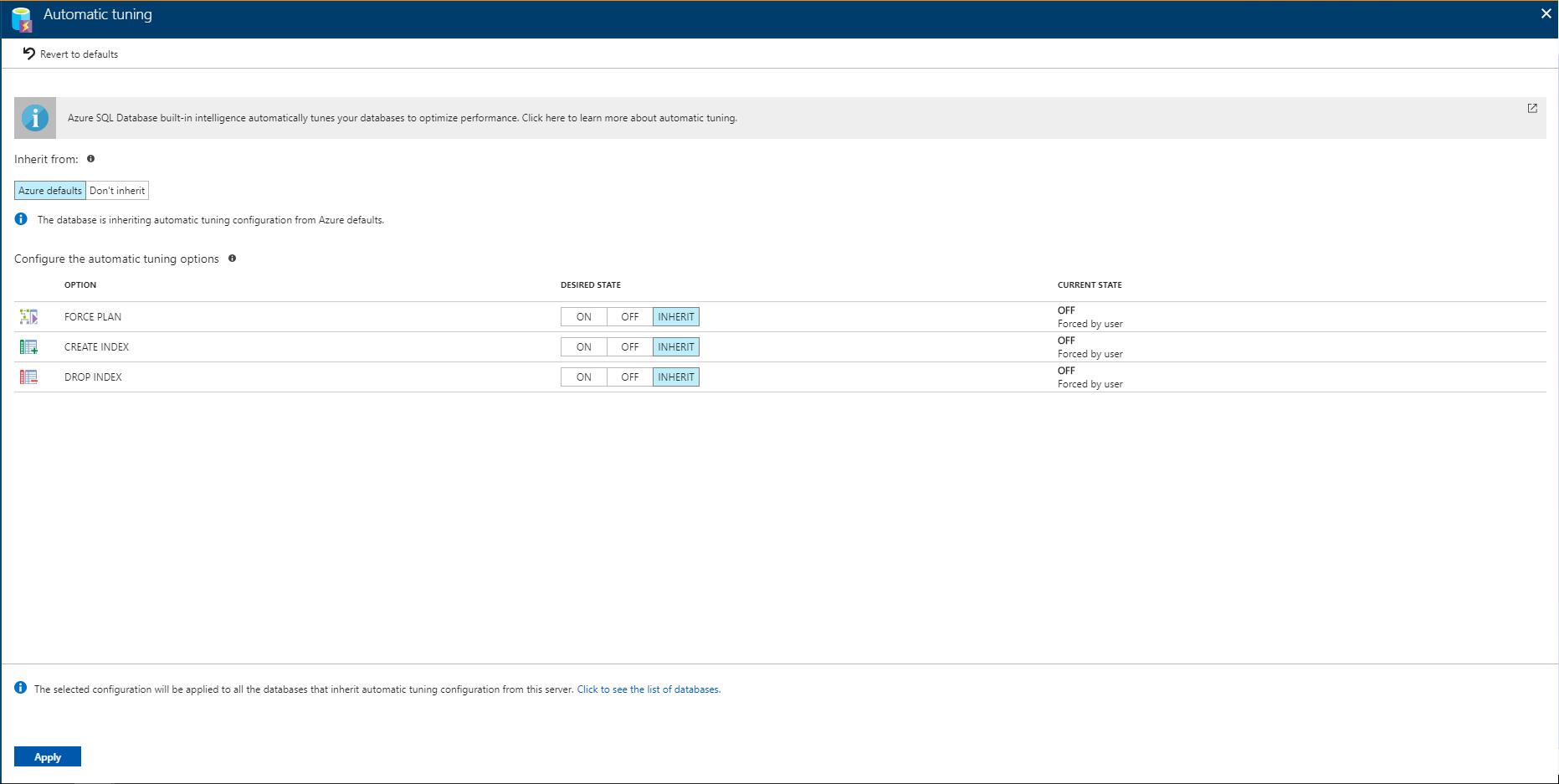 Zrzut ekranu przedstawiający automatyczne dostrajanie w witrynie Azure Portal, gdzie można zastosować opcje dla serwera.