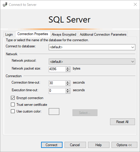 Zrzut ekranu przedstawiający okno dialogowe Połącz w programie SSMS z wyświetloną kartą Właściwości połączenia.