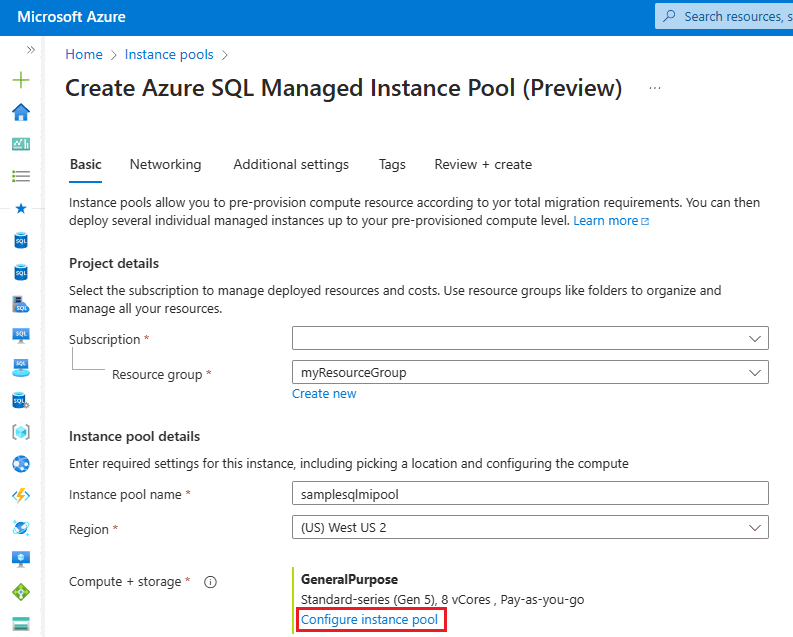 Zrzut ekranu przedstawiający stronę Tworzenie puli usługi Azure SQL Managed Instance w witrynie Azure Portal z wybraną pozycją Konfiguruj pulę wystąpień.