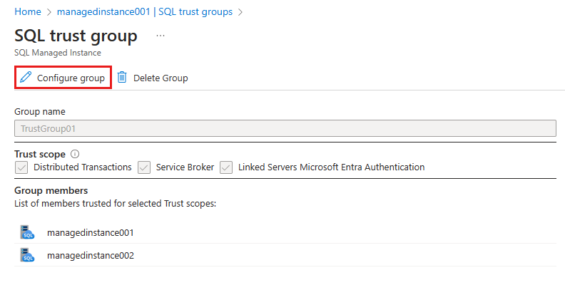 Zrzut ekranu przedstawia grupę zaufania SQL z wyróżnioną pozycję Konfiguruj grupę.