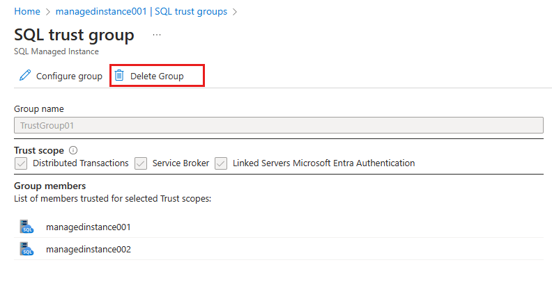 Zrzut ekranu przedstawia grupę zaufania SQL z wyróżnioną pozycję Usuń grupę.