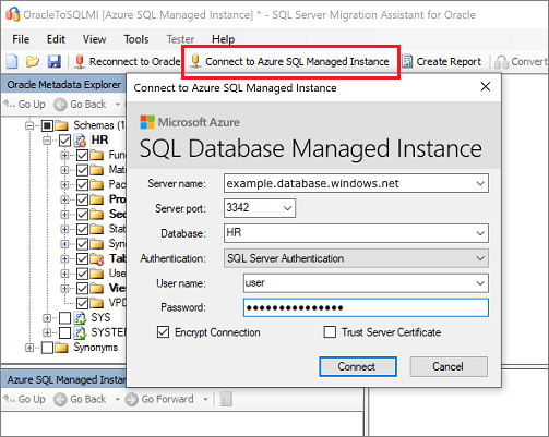 Zrzut ekranu przedstawiający nawiązywanie połączenia z usługą Azure SQL Managed Instance.