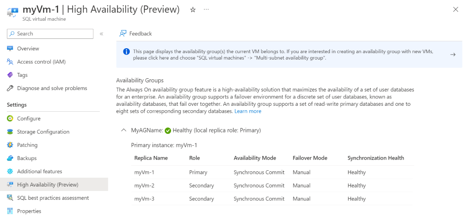 Zrzut ekranu witryny Azure Portal, zasobu maszyn wirtualnych SQL pokazujący, gdzie sprawdzić stan grupy dostępności ze strony wysokiej dostępności.