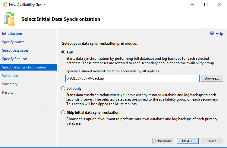 Zrzut ekranu przedstawiający opcje synchronizacji danych w Kreatorze nowej grupy dostępności w programie SSMS.