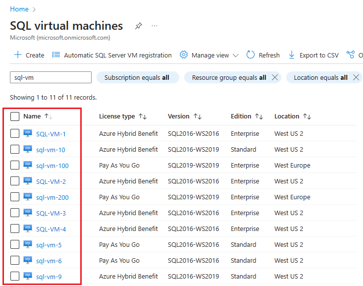 Zrzut ekranu witryny Azure Portal, strony zasobów maszyn wirtualnych SQL z wybraną maszyną wirtualną.