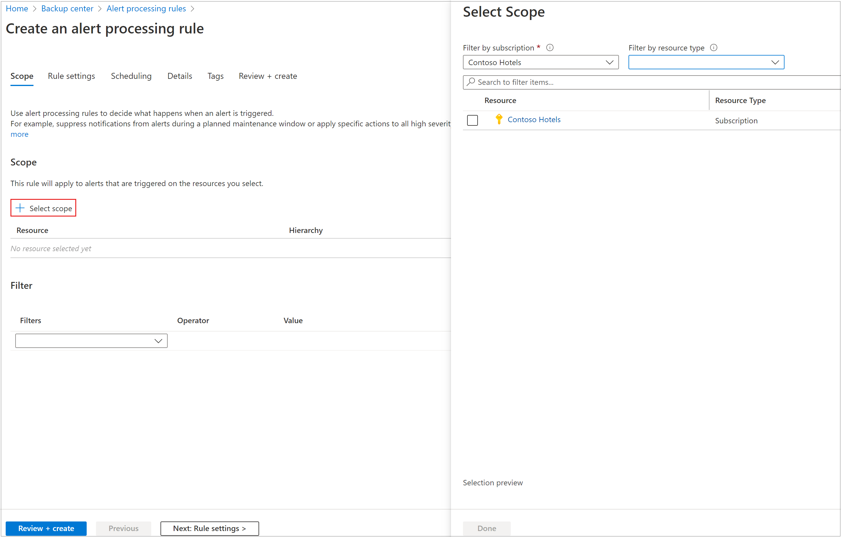 Screenshot for setting the action rule scope.