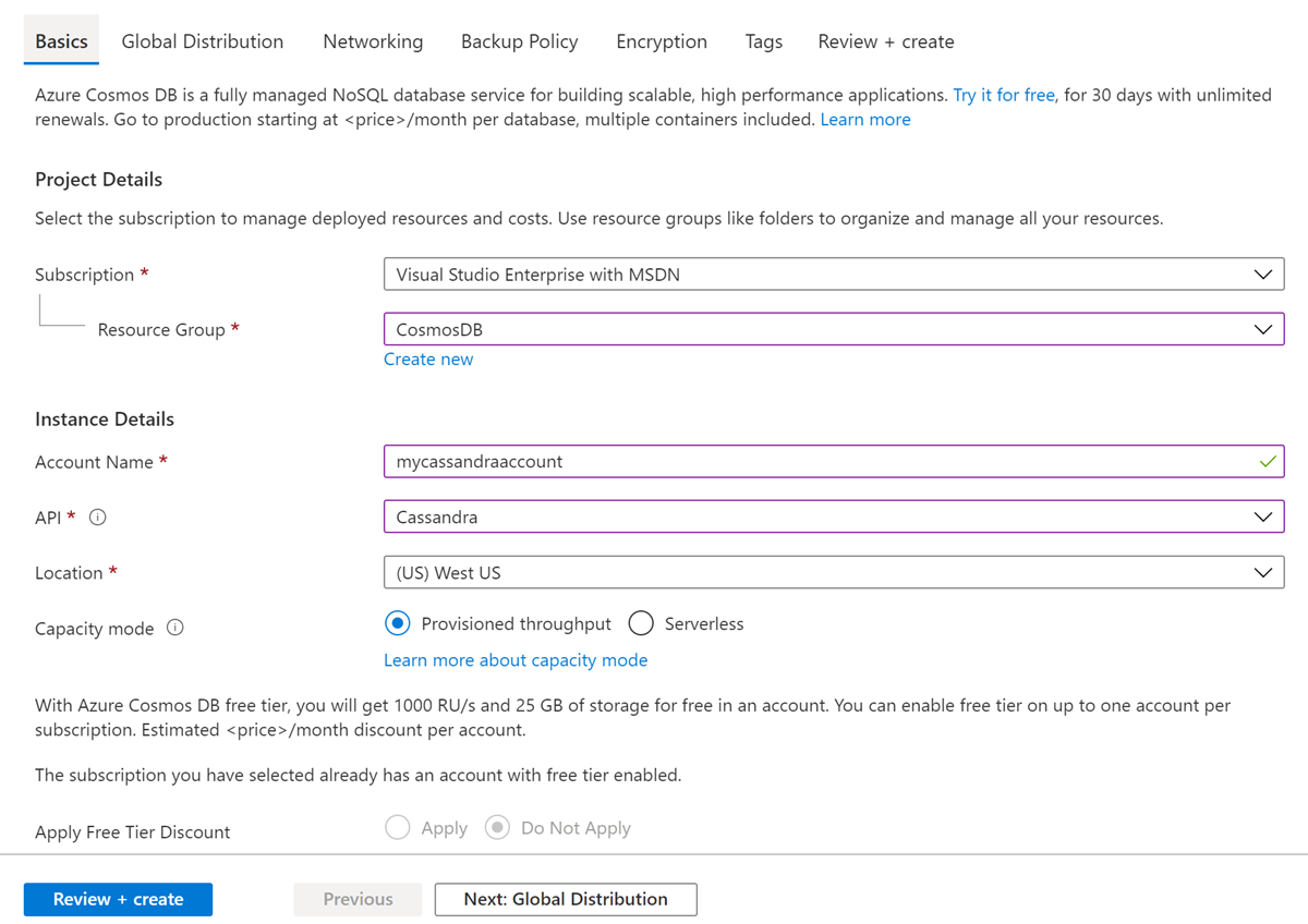 Nowa strona konta dla usługi Azure Cosmos DB dla bazy danych Apache Cassandra