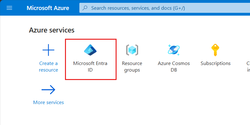 Zrzut ekranu przedstawiający opcję Identyfikator entra firmy Microsoft na stronie głównej witryny Azure Portal.