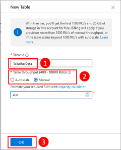 Zrzut ekranu przedstawiający okno dialogowe Nowa tabela dla tabeli usługi Azure Cosmos DB.