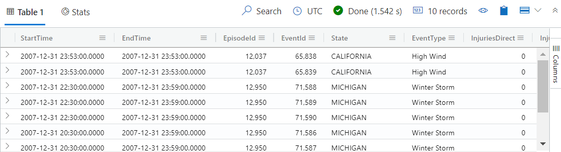 Zrzut ekranu przedstawiający tabelę zawierającą dane dla 10 zdarzeń storm w internetowym interfejsie użytkownika usługi Azure Data Explorer.