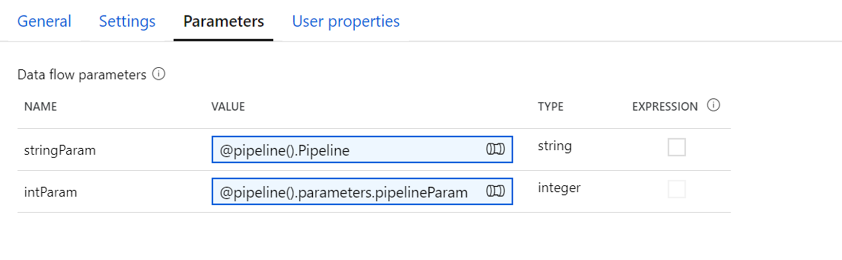 Zrzut ekranu przedstawia kartę Parametry z parametrami o nazwie stringParam i intParam.