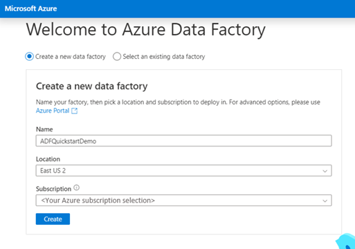 Przedstawia zrzut ekranu przedstawiający stronę azure Data Factory Studio w celu utworzenia nowej fabryki danych.