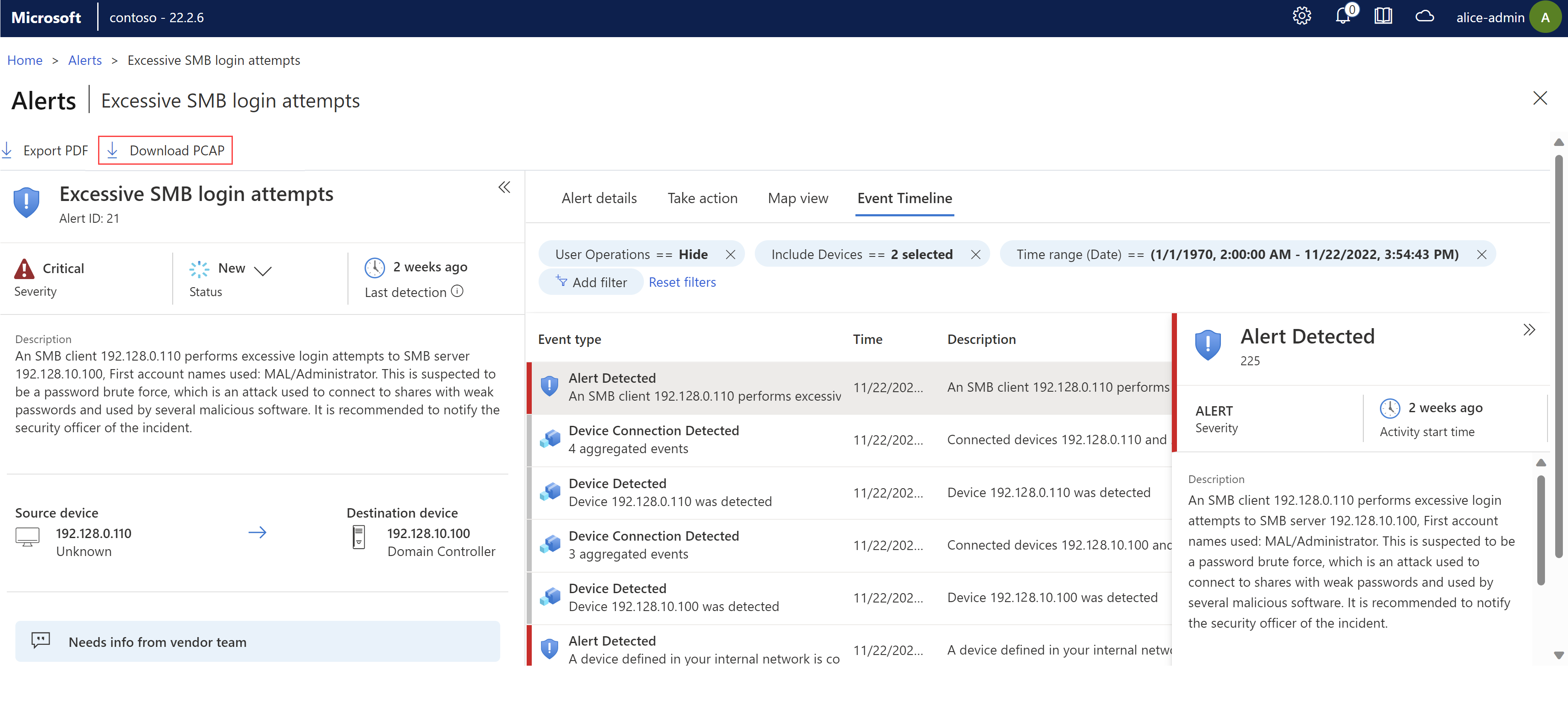 Screenshot of the Download PCAP options on the OT sensor.