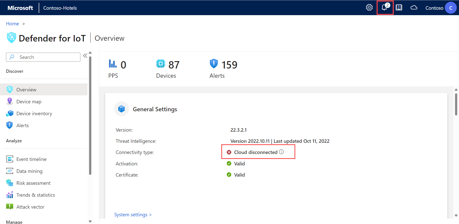 Zrzut ekranu przedstawiający stan łączności platformy Azure wyświetlany na stronie Przegląd czujnika OT.