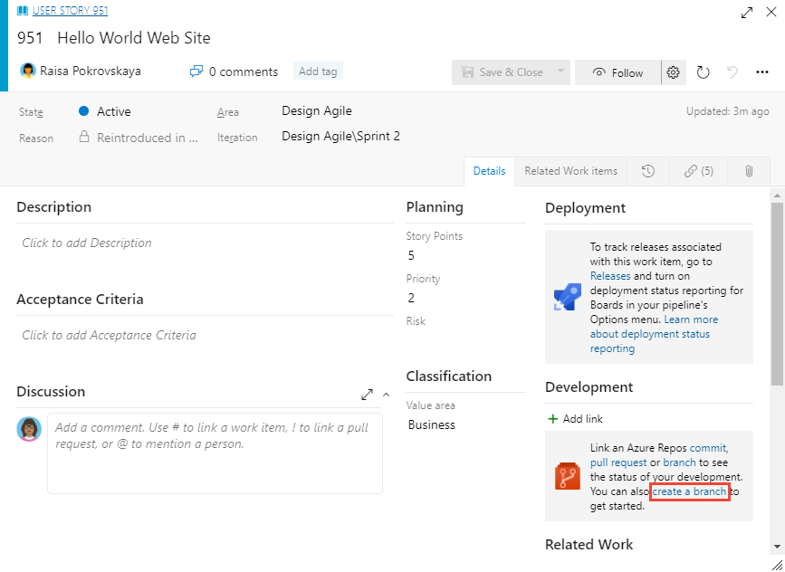 Screenshot of Work item form, Create a branch link.