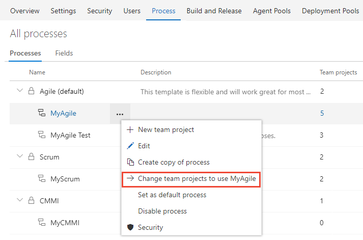 Menu kontekstowe procesu Agile, Wybierz pozycję Zmień projekty zespołowe, aby używać programu MyAgile