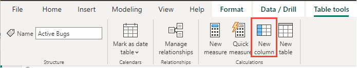 Zrzut ekranu przedstawiający kartę Narzędzia tabel usługi Power BI z kolumną Nowy.