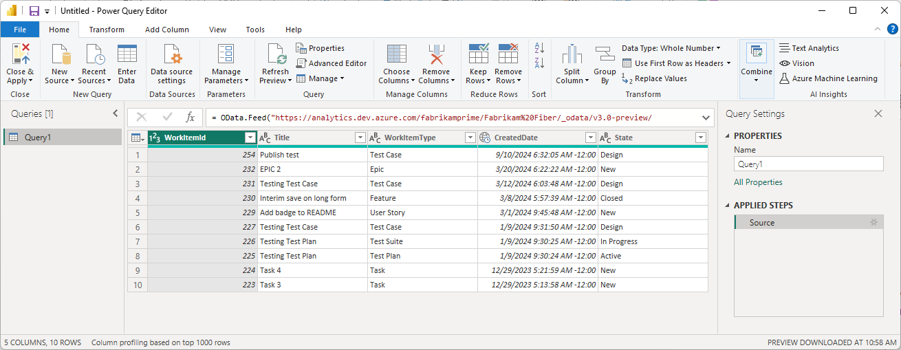 Zrzut ekranu przedstawiający Edytor Power Query otwarte dla źródła danych OData usługi Power BI.