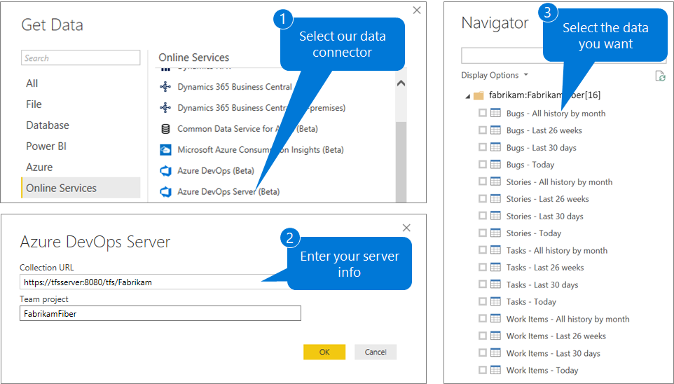 Zrzut ekranu przedstawiający łącznik usługi Azure DevOps Server Connector usługi Power BI.