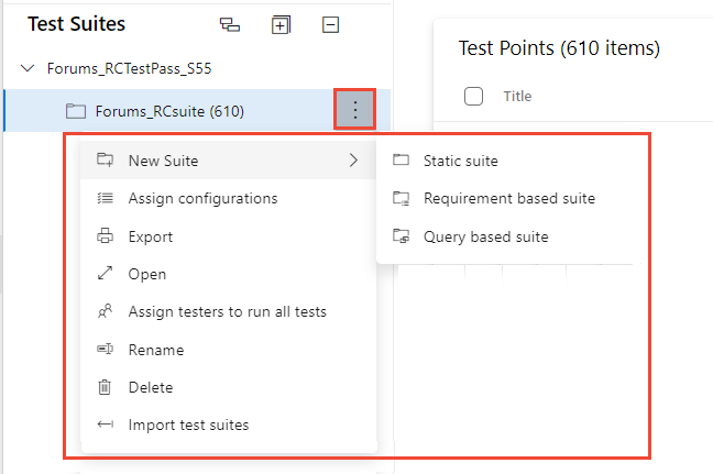 Opcje menu drzewa zestawów testów